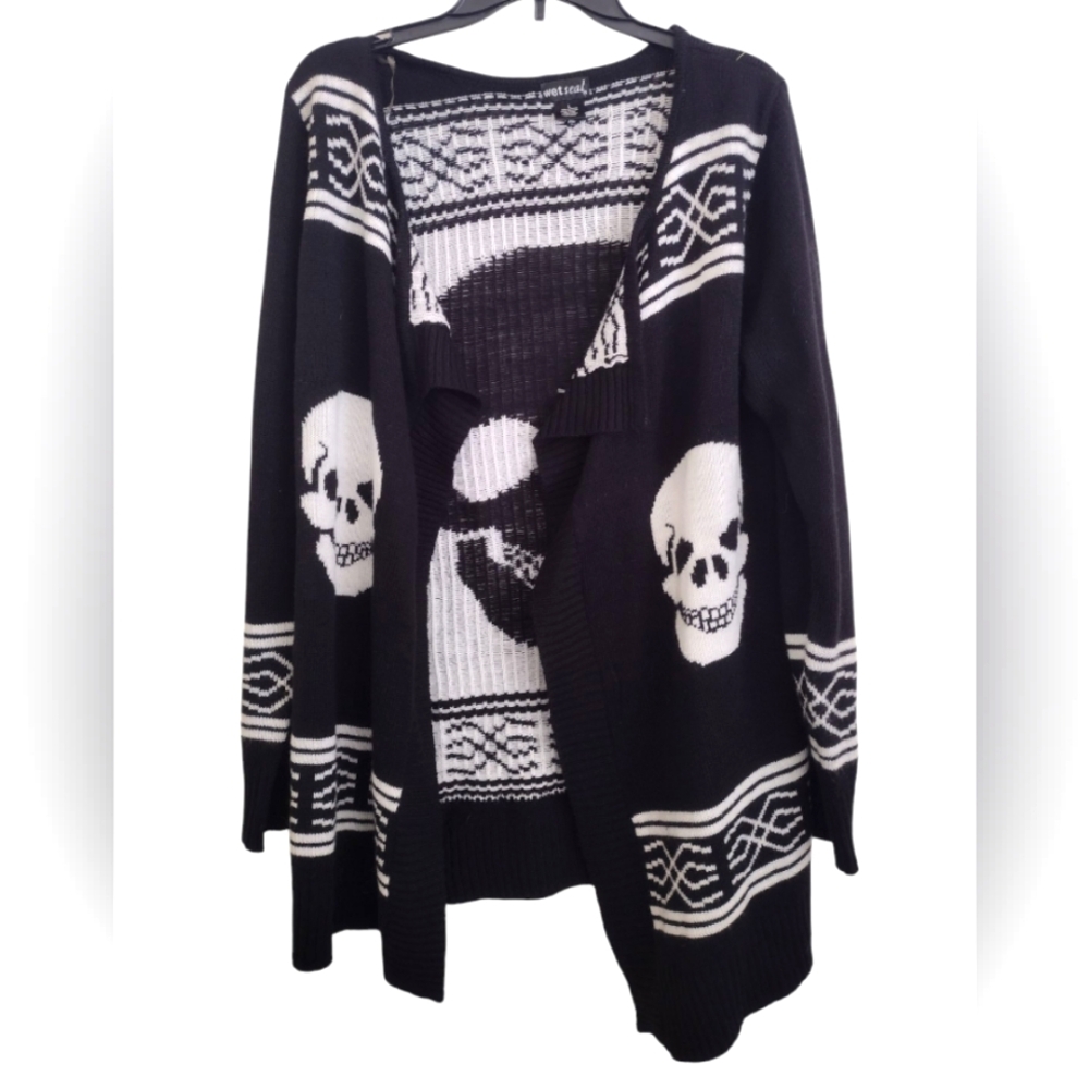 Wet Seal Black White Aztec Skull Pattern Wrap Cardigan Size Large